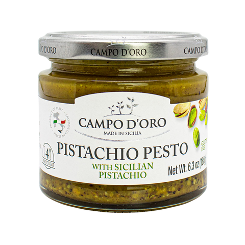 Jar of Campo d'Oro Pistachio Pesto on a white background