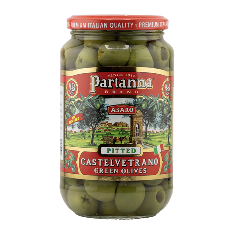Jar of Partanna Brand Castelvetrano Green Olives on a white background