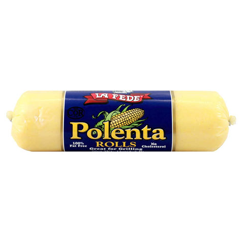 Roll of polenta with La Fede branding on a white background
