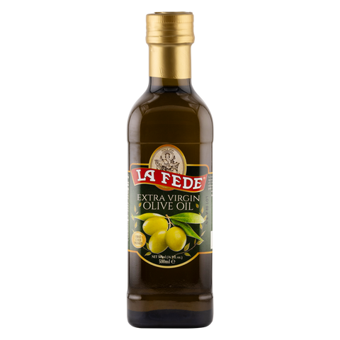 Bottle of La Fede Extra Virgin Olive Oil on a white background