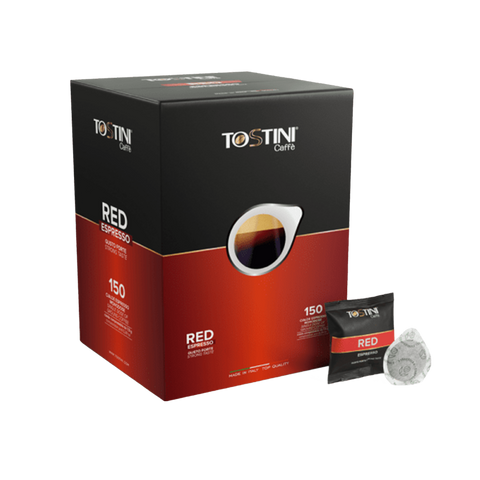 Tostini Caffè Red Espresso packaging with a single pack and filter on a white background