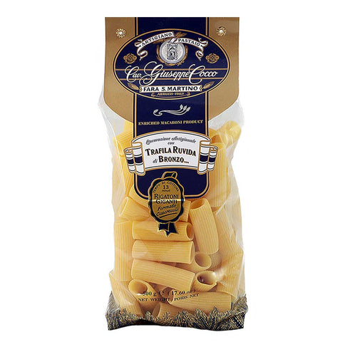 Bag of pasta with a brand label on a white background