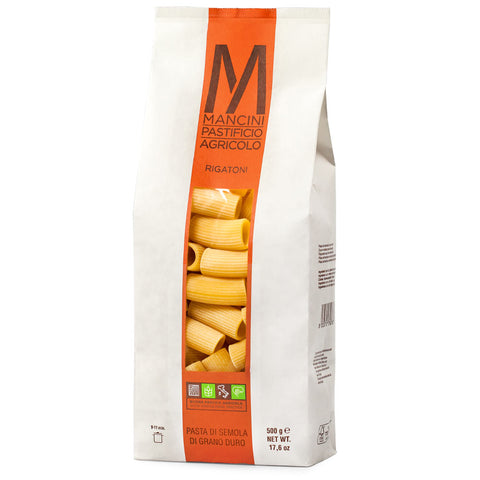 Pasta package with Mancini logo and rigatoni illustration on a white background
