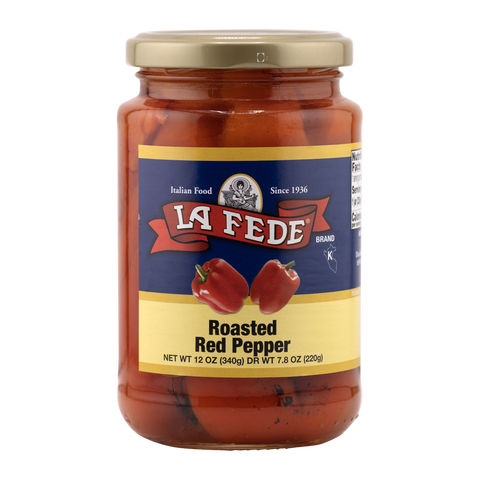Jar of La Fede roasted red pepper on a white background