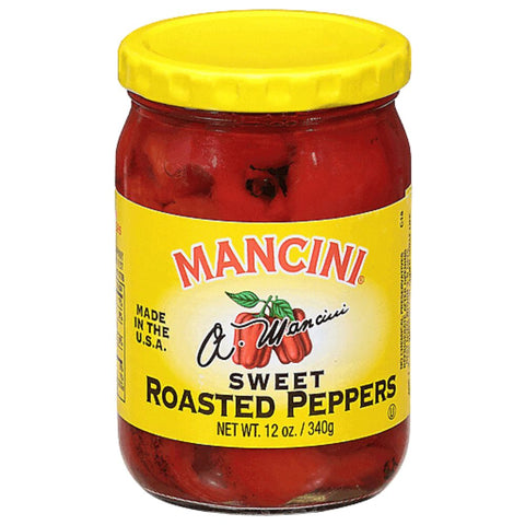 Jar of Mancini sweet roasted peppers with a yellow lid and label on a white background