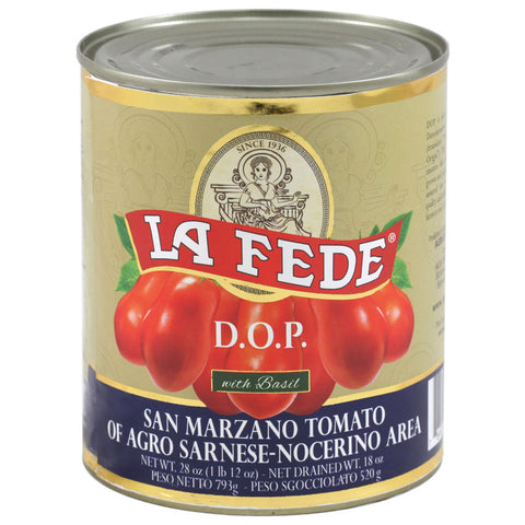 Can of La Fede San Marzano tomatoes with a red label on a white background