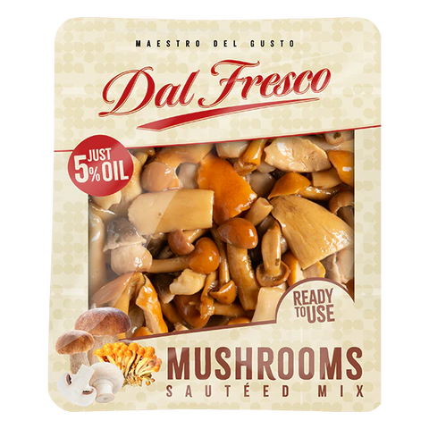 Packaged sautéed mushroom mix with 'Dal Fresco' branding on a beige background