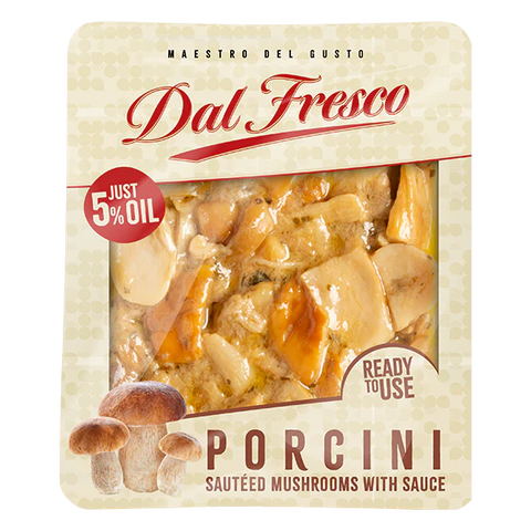Packaged sautéed mushrooms with sauce labeled 'Dal Fresco' on a beige background