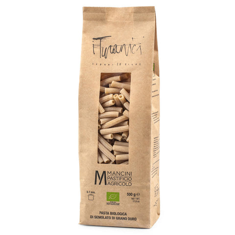 Kraft paper pasta packaging with visible pasta inside on a white background