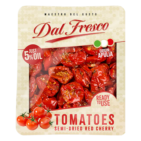 Packaged semi-dried red cherry tomatoes with 'Dal Fresco' branding on a beige background.