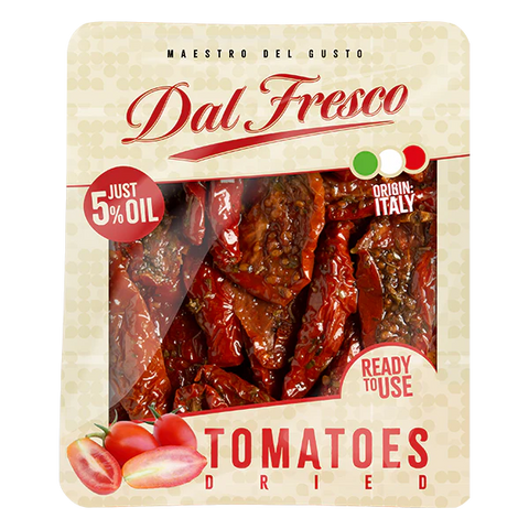 Packaged dried tomatoes with 'Dal Fresco' branding on a beige background