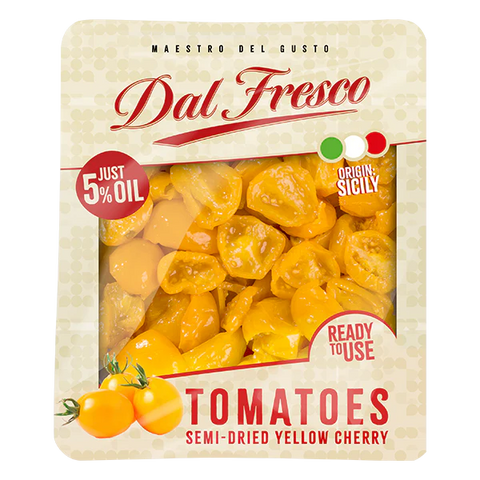 Packaged semi-dried yellow cherry tomatoes with 'Dal Fresco' branding on a beige background.