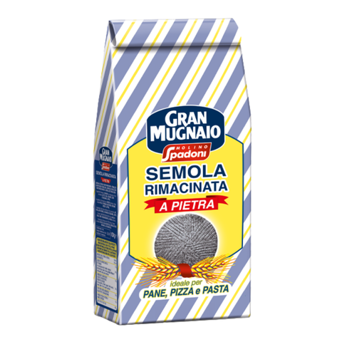 Gran Mugnaio pasta packaging with blue and yellow striped design on a white background