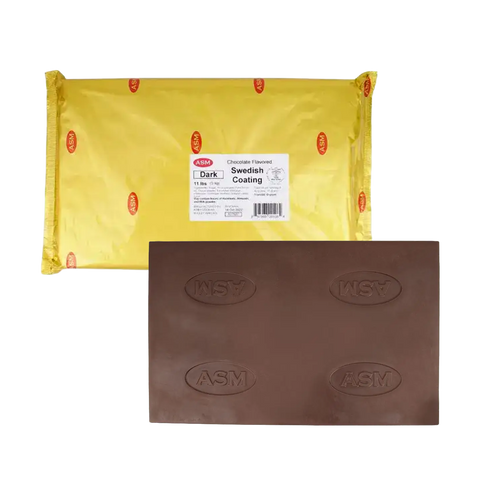 Yellow packaging with a label and a block of dark chocolate on a white background