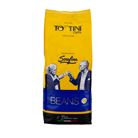 Tostini Caffè coffee beans package with two men sharing a cup on a yellow and blue background