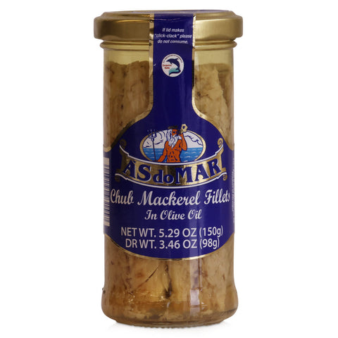 Jar of As do Mar Mackerel Fillets in Olive Oil on a white background