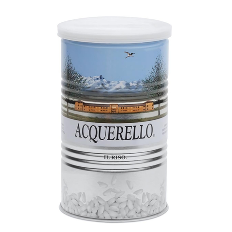 Cylindrical container with 'Acquerello' branding and scenic design on a white background