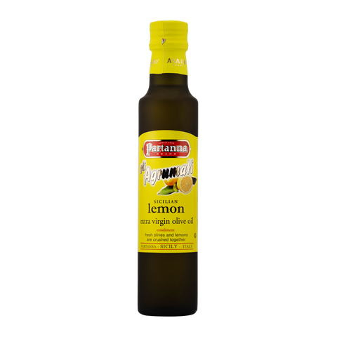 Bottle of Sicilian Lemon olive oil on a white background