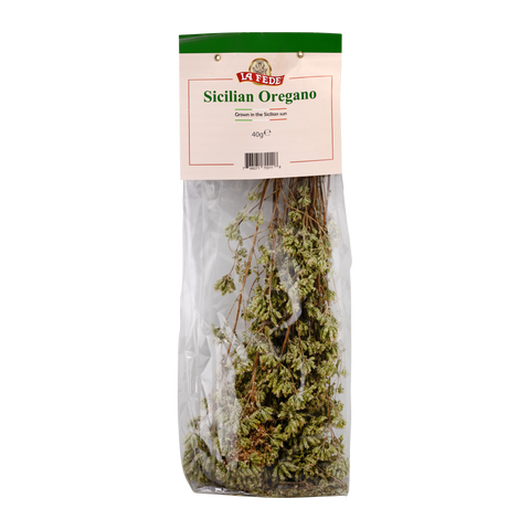 Packaged Sicilian oregano with La Fede branding on a white background