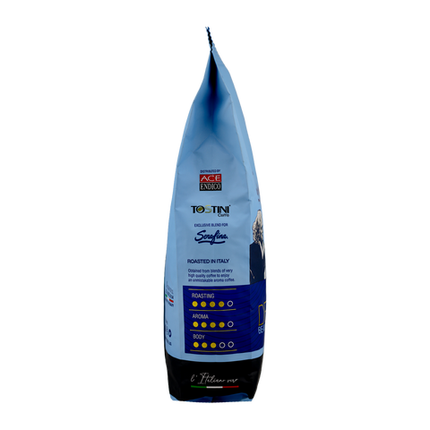 Blue coffee bag with branding on a white background