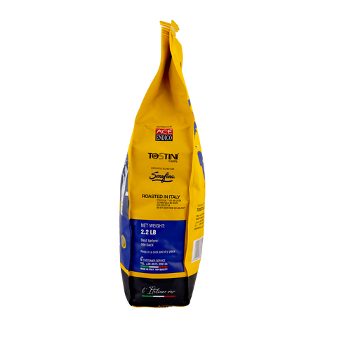 Yellow coffee bag with branding on a white background