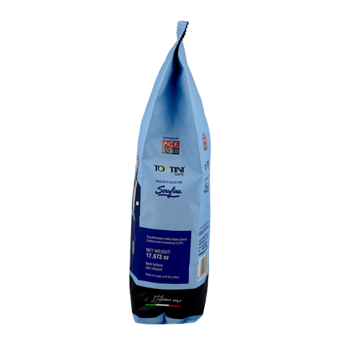 Blue coffee bag with branding on a white background