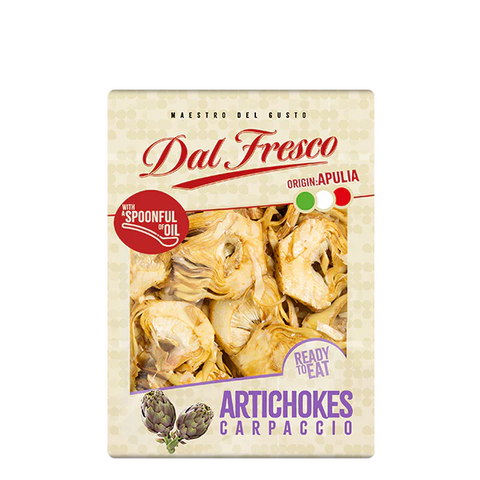 Packaged artichokes carpaccio with 'Dal Fresco' branding on a beige background