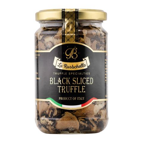 Jar of black sliced truffle with La Rustichella label on a white background