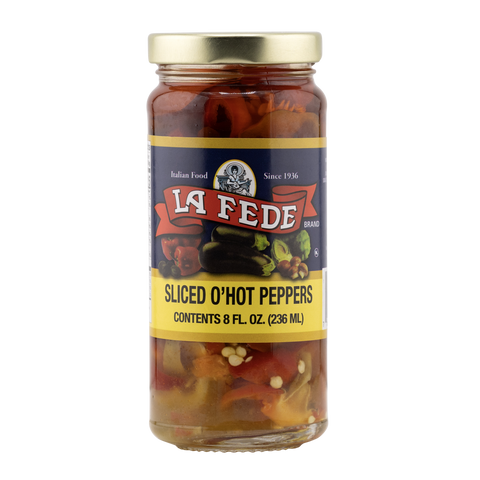 Jar of La Fede sliced o'hot peppers on a white background