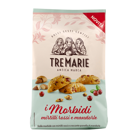 Packaging of Tre Marie cookies with images of cookies and cherries on a light blue background.