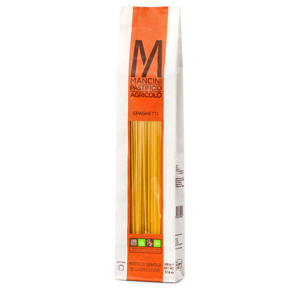 Mancini pasta packaging with an orange and white design on a white background