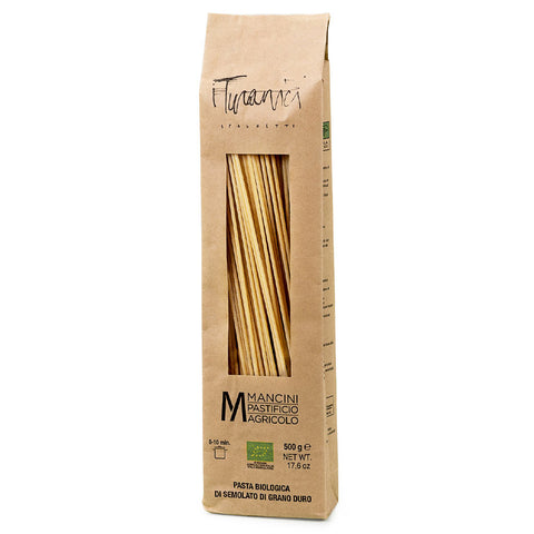 Kraft paper packaging of Mancini pasta with visible brand name on a white background