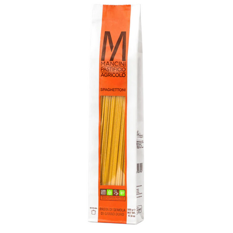 Box of Mancini Spaghettone pasta with orange and white design.