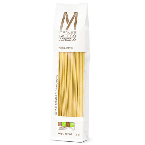Mancini pasta packaging with spaghetti inside on a white background