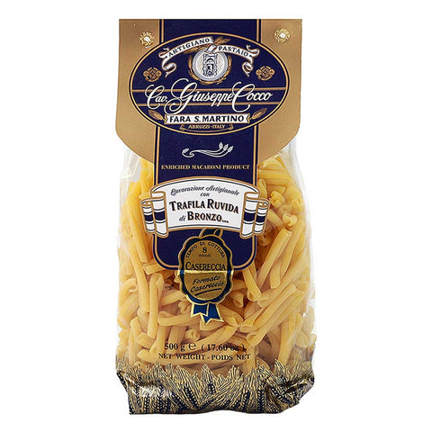 Bag of pasta with a blue and gold label on a white background
