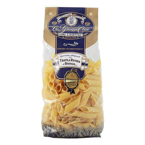 Bag of Pennoni pasta with a blue label on a white background