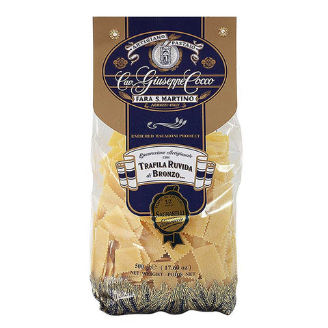 Bag of pasta with a prominent label on a white background