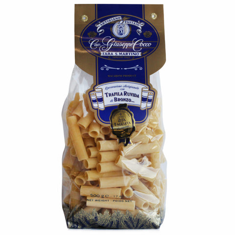 Bag of pasta with a brand label on a white background