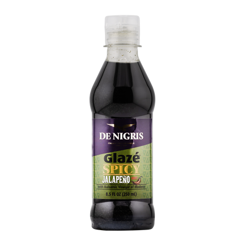 Bottle of De Nigris Spicy Jalapeno glaze on a white background