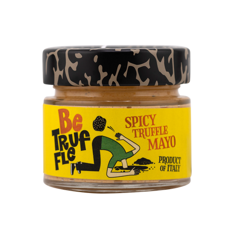 Jar of spicy truffle mayo with a colorful label on a white background