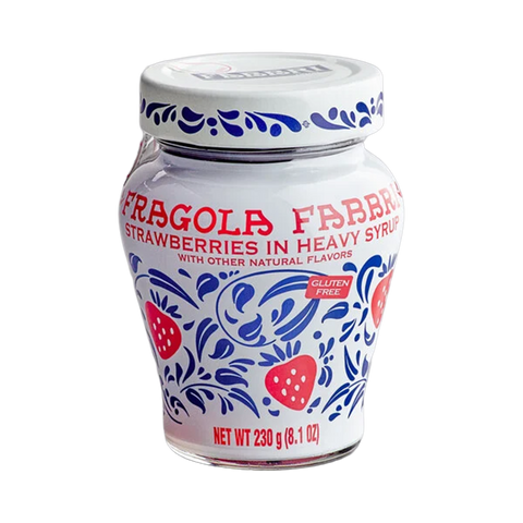 Jar of strawberries in heavy syrup with decorative design on a white background