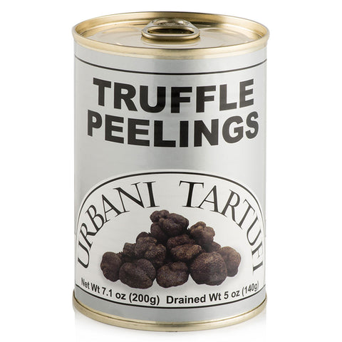Can of truffle peelings with 'Urbani Tartufi' branding on a white background