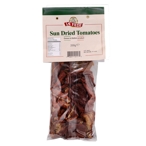 Packaged sun dried tomatoes with La Fede branding on a white background