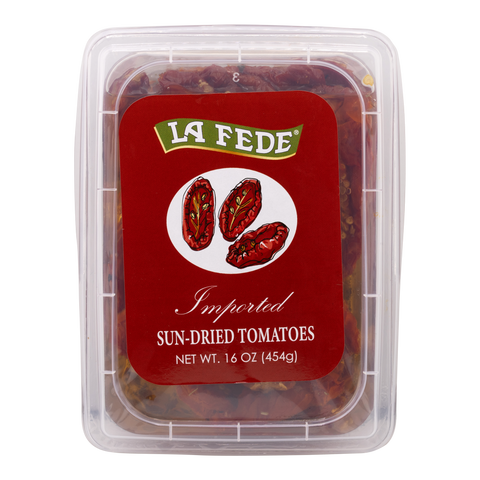 Container of La Fede sun-dried tomatoes with a red label on a white background