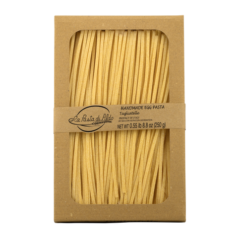Box of La Pasta di Alfio tagliatelle pasta with a clear window