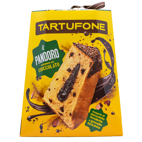 Yellow packaging of Tartufone with a chocolate cake and Pandoro branding on a white background