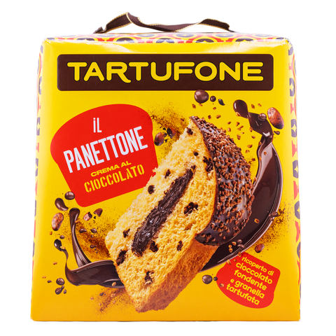 Box of Tartufone Panettone with chocolate cream on a white background
