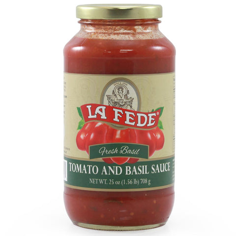 Jar of La Fede tomato and basil sauce on a white background