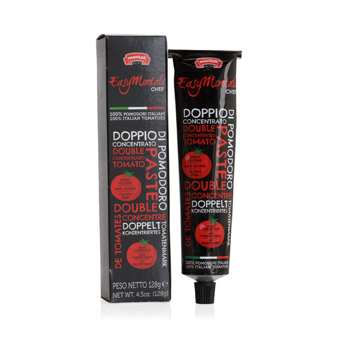 Tube and packaging of Montedoro Easy Misto Double Tomato Paste on a white background