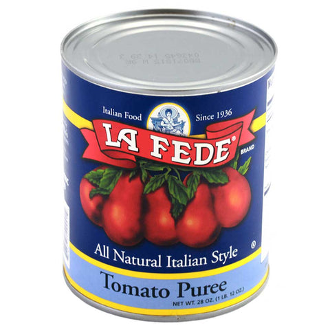 Can of La Fede tomato puree with a blue label and red tomatoes on a white background